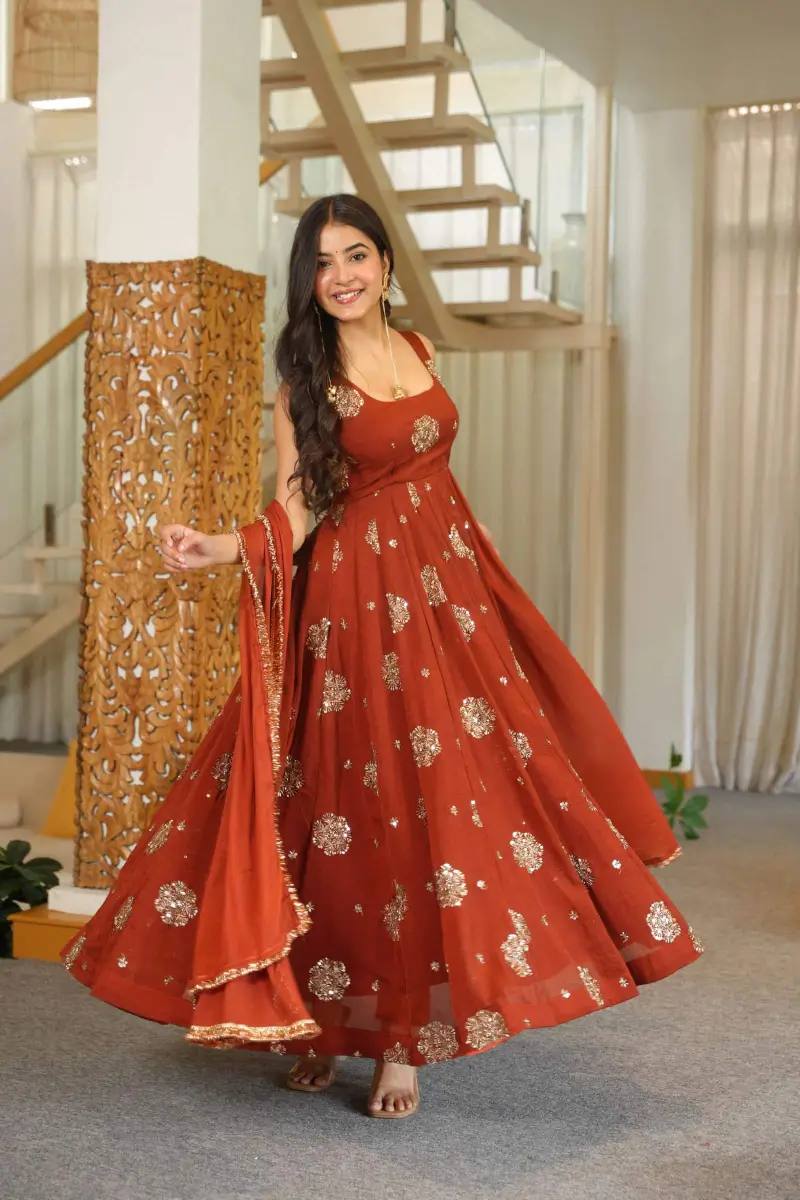 Rust Karishma Silk Sequins Embroidered Anarkali Suit with Dupatta
