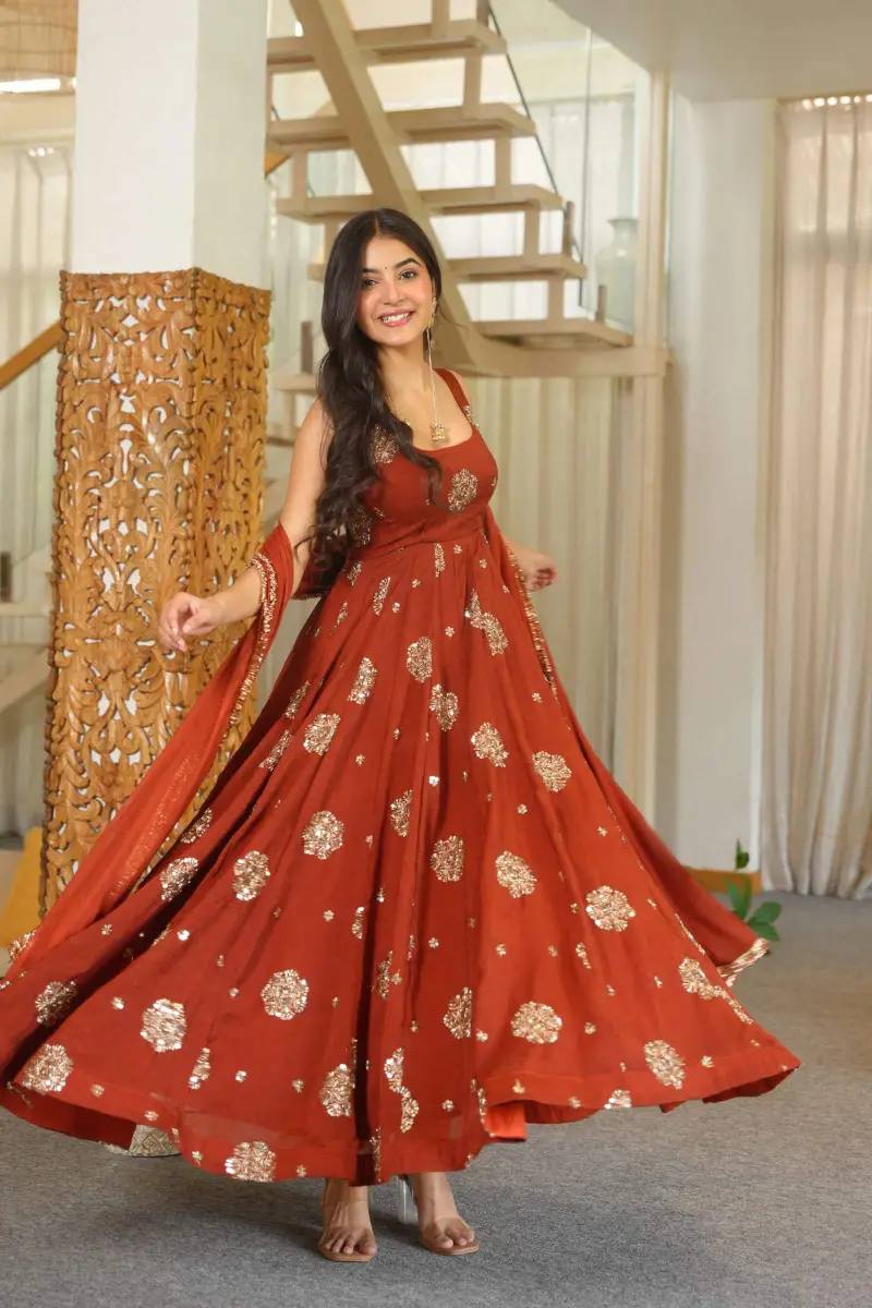 Rust Karishma Silk Sequins Embroidered Anarkali Suit with Dupatta