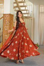 Rust Karishma Silk Sequins Embroidered Anarkali Suit with Dupatta