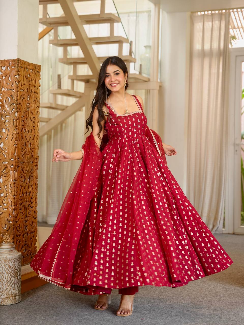 Maroon Chinon Sequins Embroidered Anarkali Gown with Dupatta