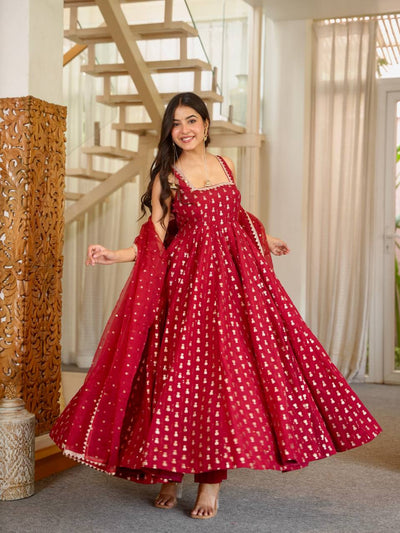 Maroon Chinon Sequins Embroidered Anarkali Gown with Dupatta