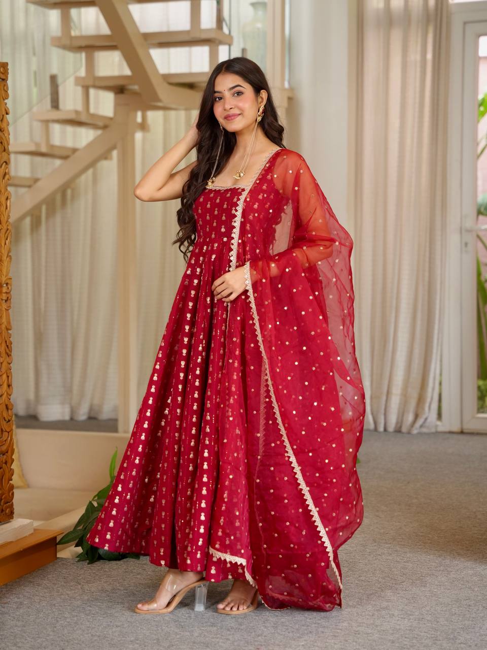 Maroon Chinon Sequins Embroidered Anarkali Gown with Dupatta