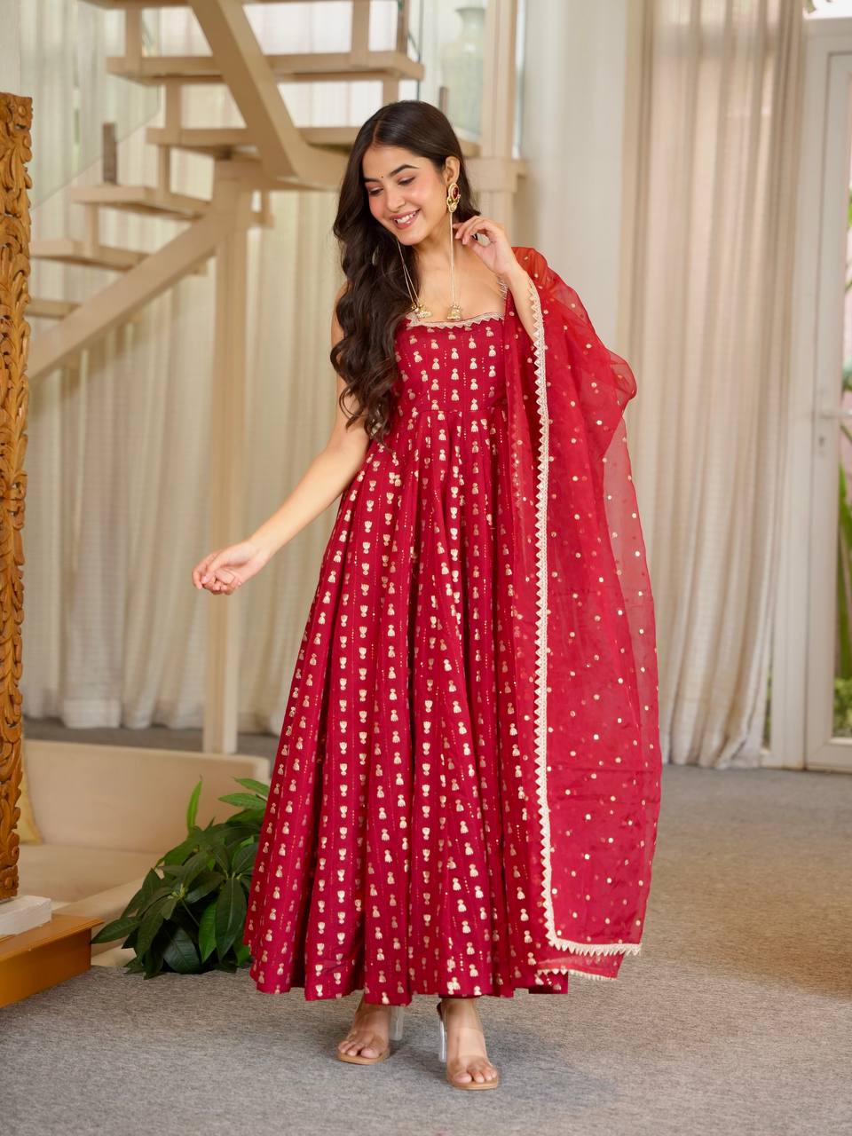 Maroon Chinon Sequins Embroidered Anarkali Gown with Dupatta