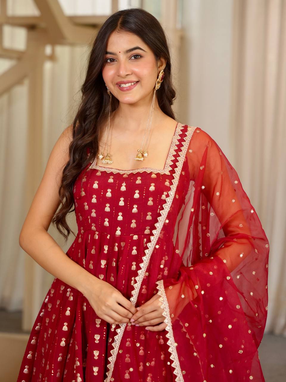 Maroon Chinon Sequins Embroidered Anarkali Gown with Dupatta