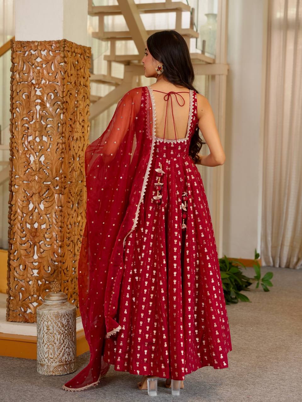 Maroon Chinon Sequins Embroidered Anarkali Gown with Dupatta