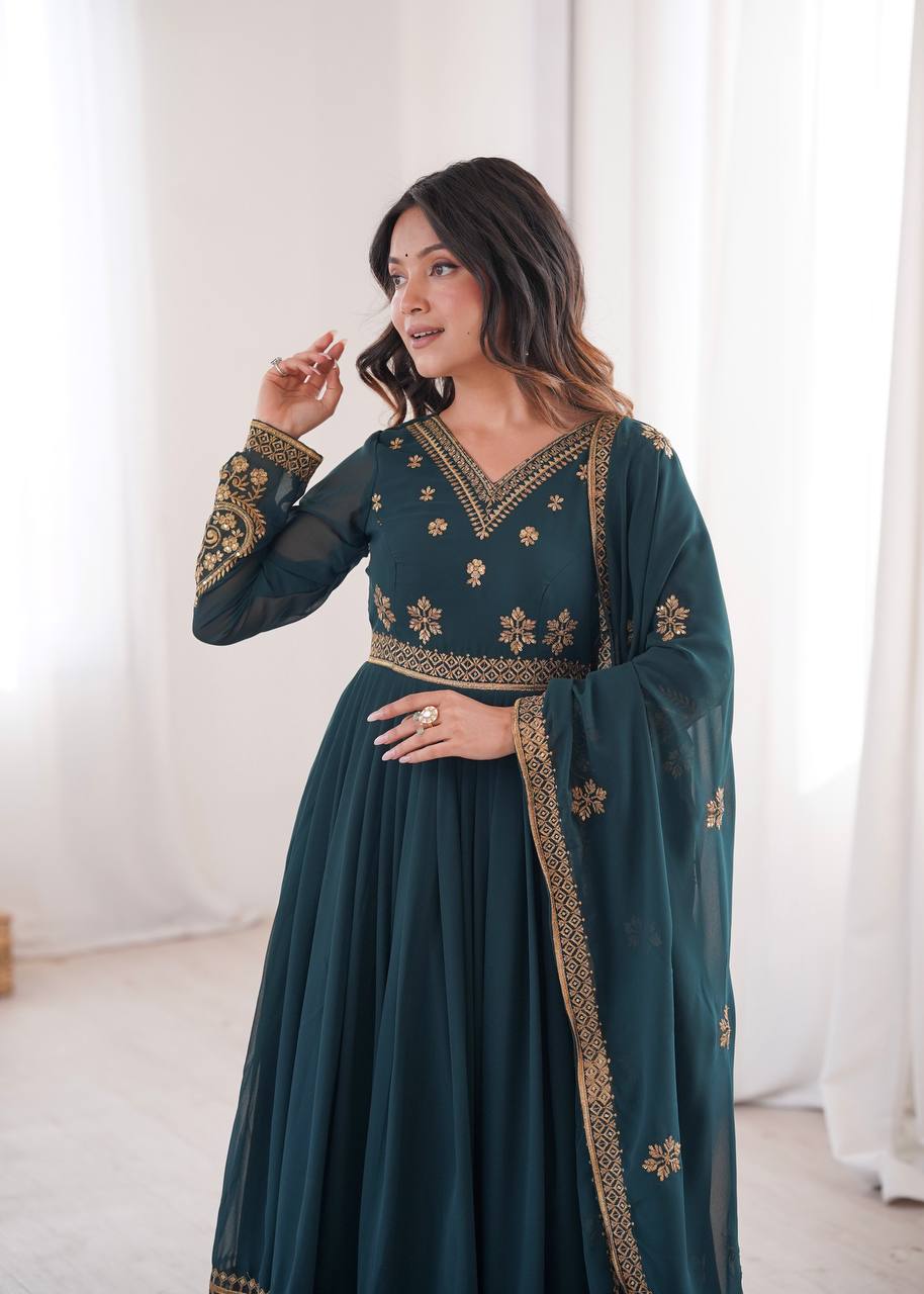 Bottle Green Georgette Embroidered Anarkali Suit