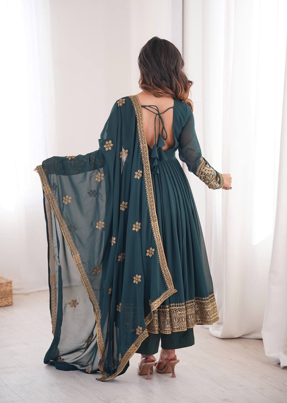 Bottle Green Georgette Embroidered Anarkali Suit