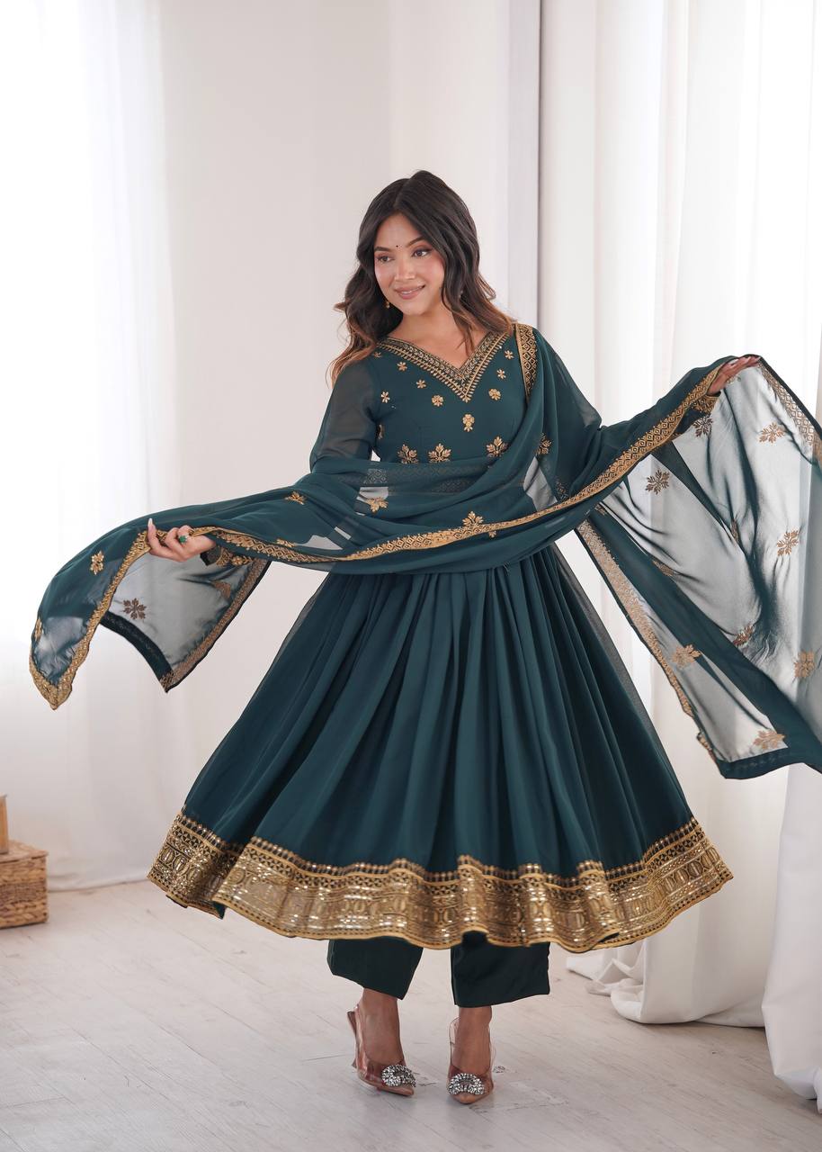 Bottle Green Georgette Embroidered Anarkali Suit