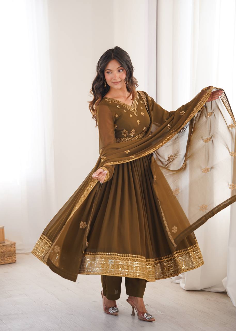 Mehendi Georgette Embroidered Anarkali Suit