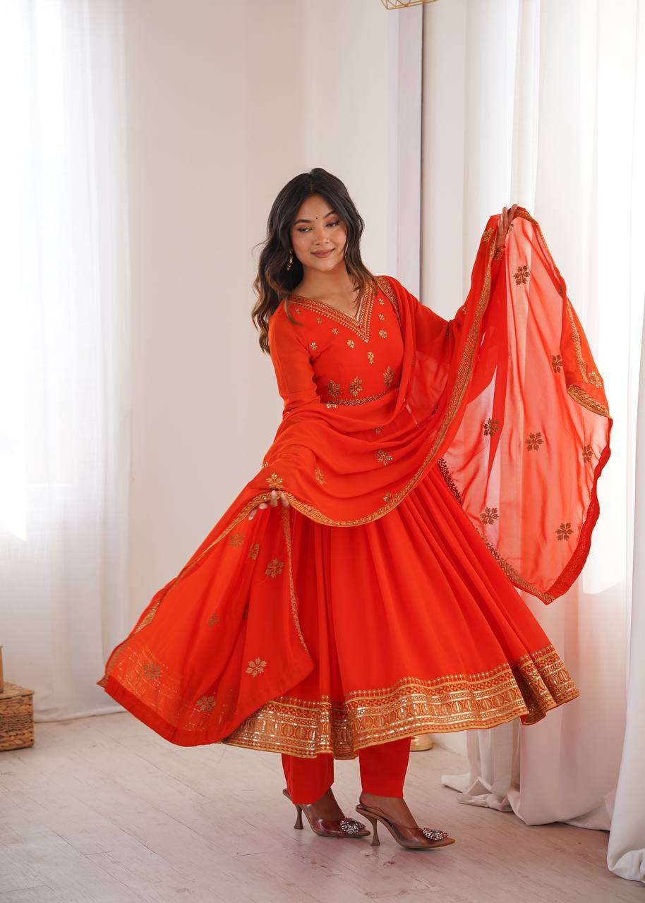 Orange Georgette Embroidered Anarkali Suit
