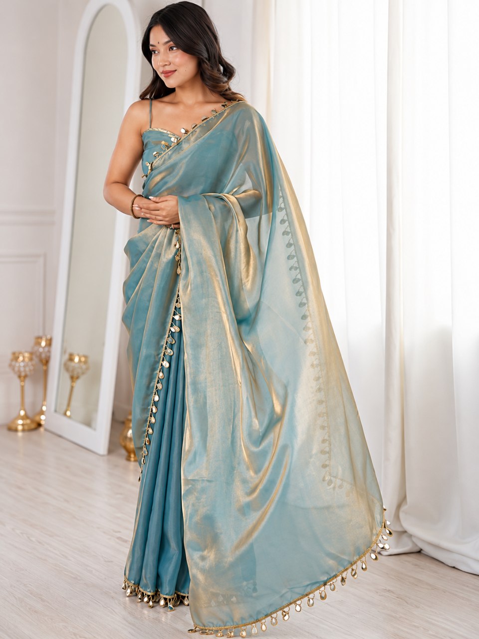 Aqua Blue Fendy Satin Embellished Border Saree for Women