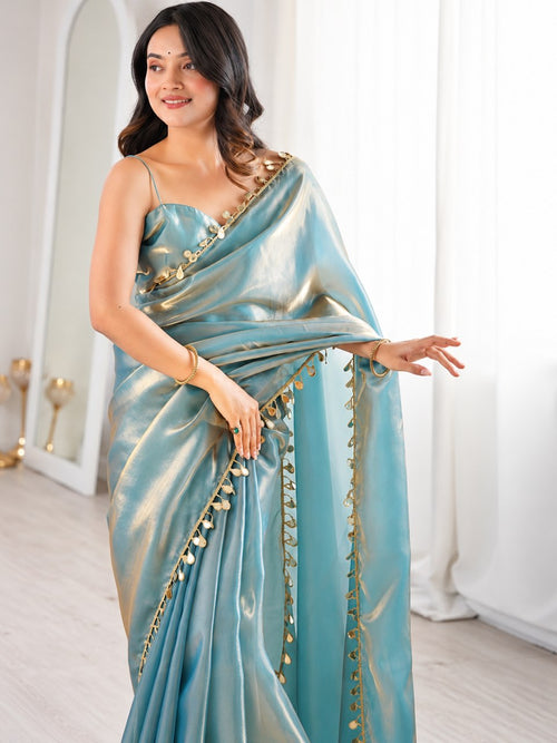 Aqua Blue Fendy Satin Embellished Border Saree for Women