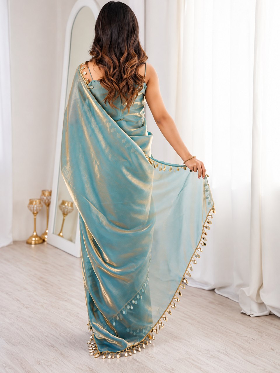 Aqua Blue Fendy Satin Embellished Border Saree for Women