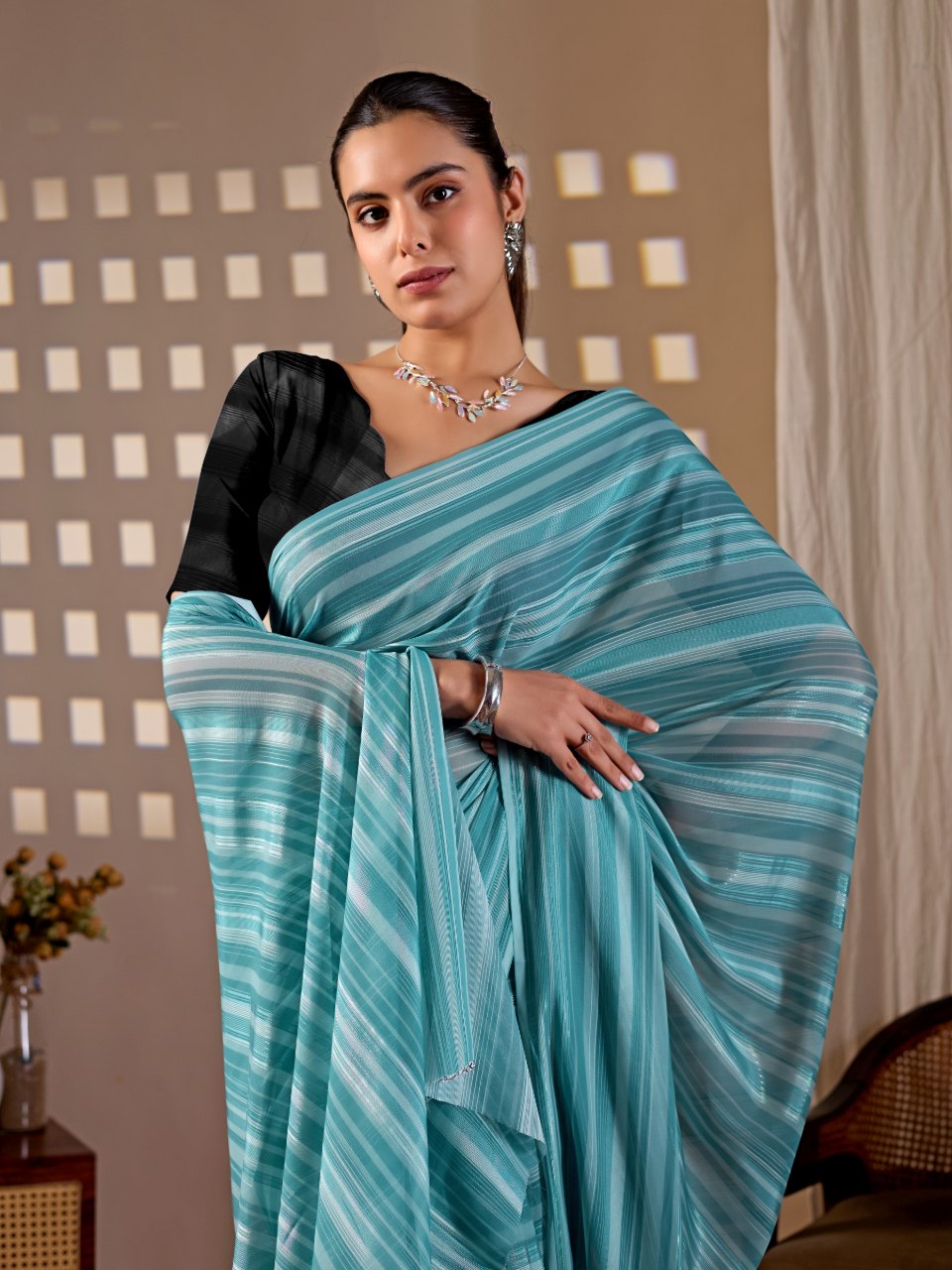 Aqua Blue Monsoon Stripe Saree for Women