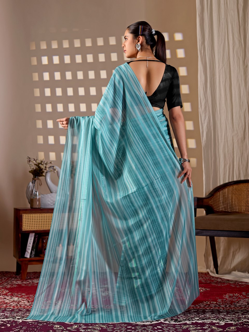 Aqua Blue Monsoon Stripe Saree for Women