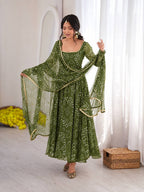 Mehendi Green Bandhani Print Anarkali Suit with Mirror Work Dupatta