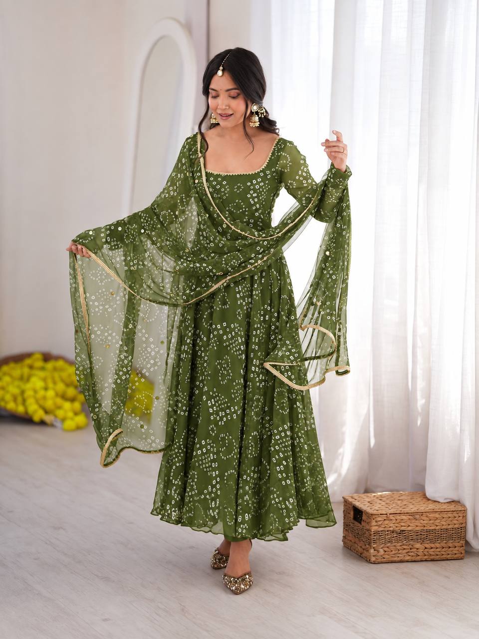 Mehendi Green Bandhani Print Anarkali Suit with Mirror Work Dupatta