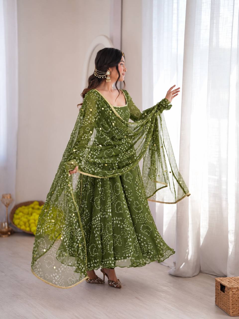 Mehendi Green Bandhani Anarkali - side view