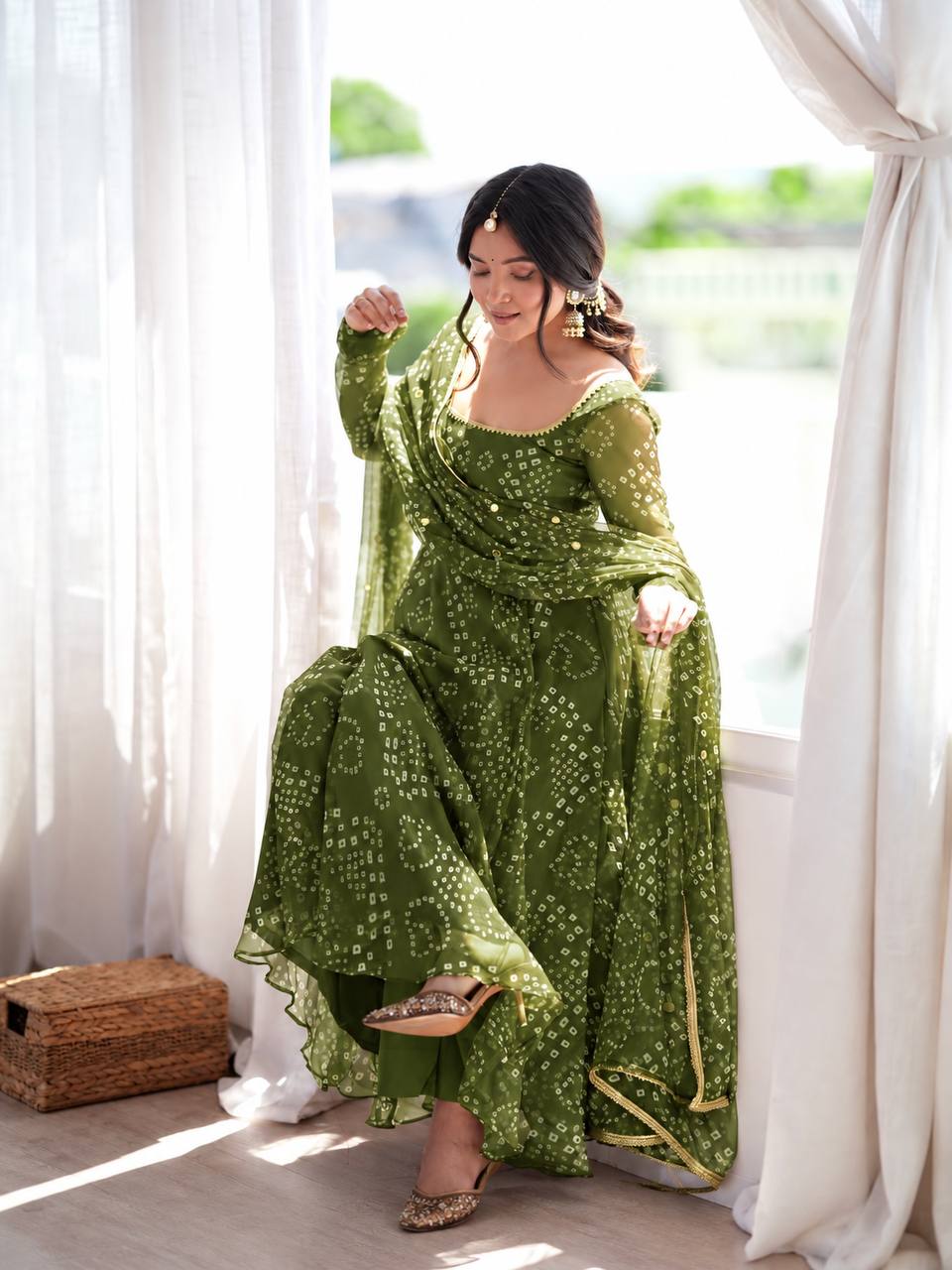 Mehendi Green Bandhani Anarkali - sitting pose