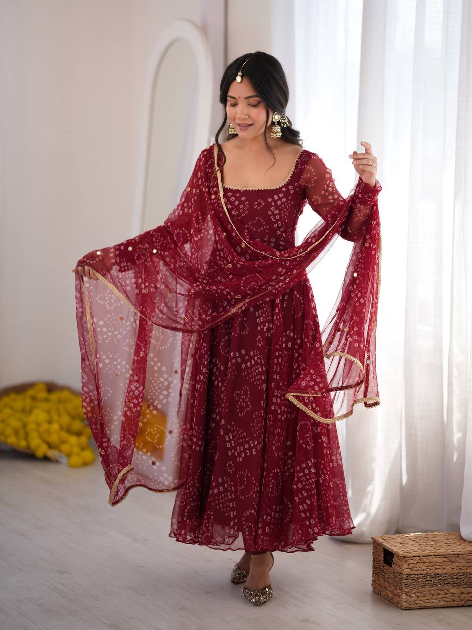Maroon Bandhani Print Anarkali Suit with Mirror Work Dupatta