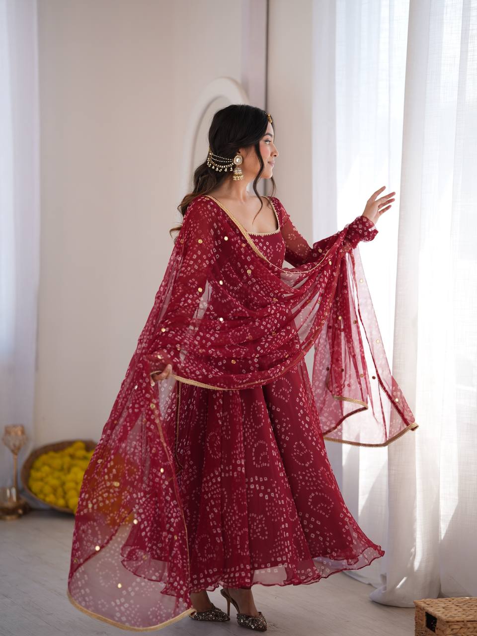 Maroon Bandhani Anarkali - side view