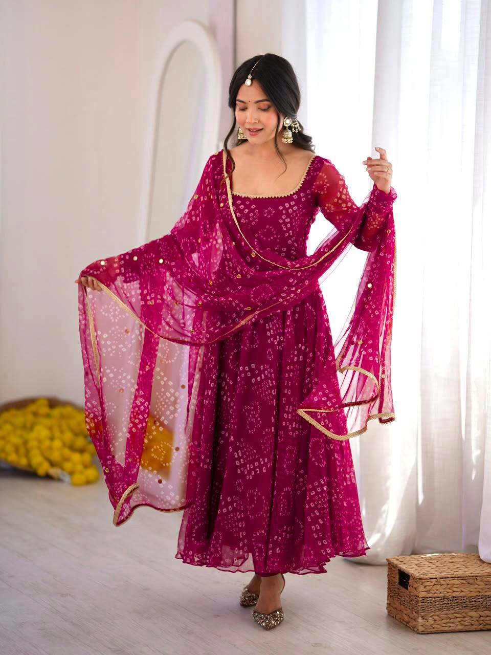 Rani Pink Bandhani Print Anarkali Suit with Mirror Work Dupatta