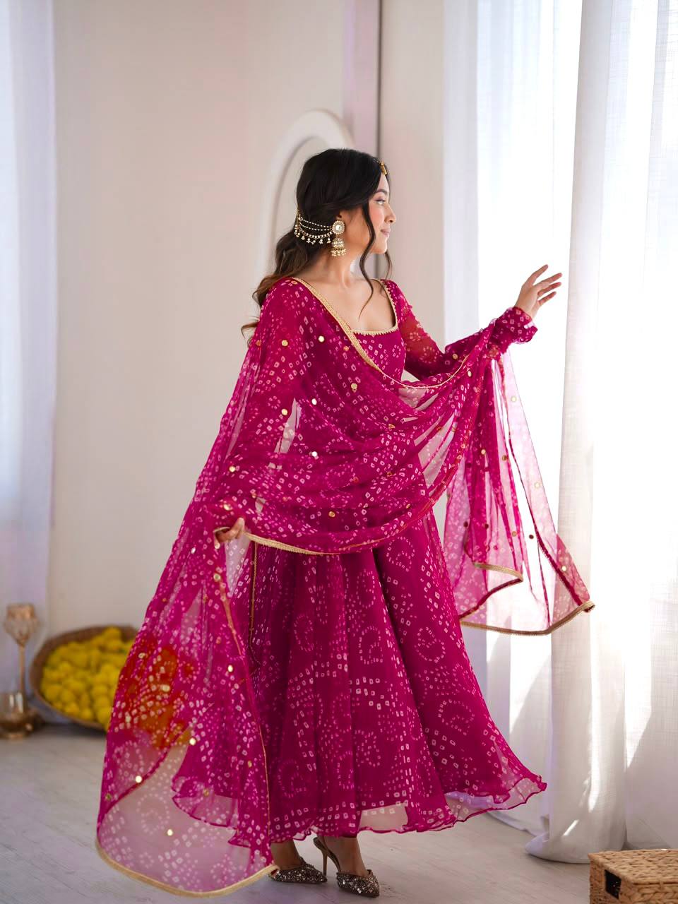 Rani Pink Bandhani Anarkali - side view