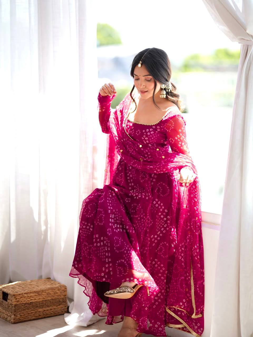 Rani Pink Bandhani Anarkali - sitting pose