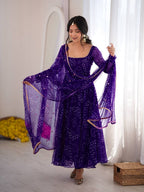 Purple Bandhani Print Anarkali Suit with Mirror Work Dupatta