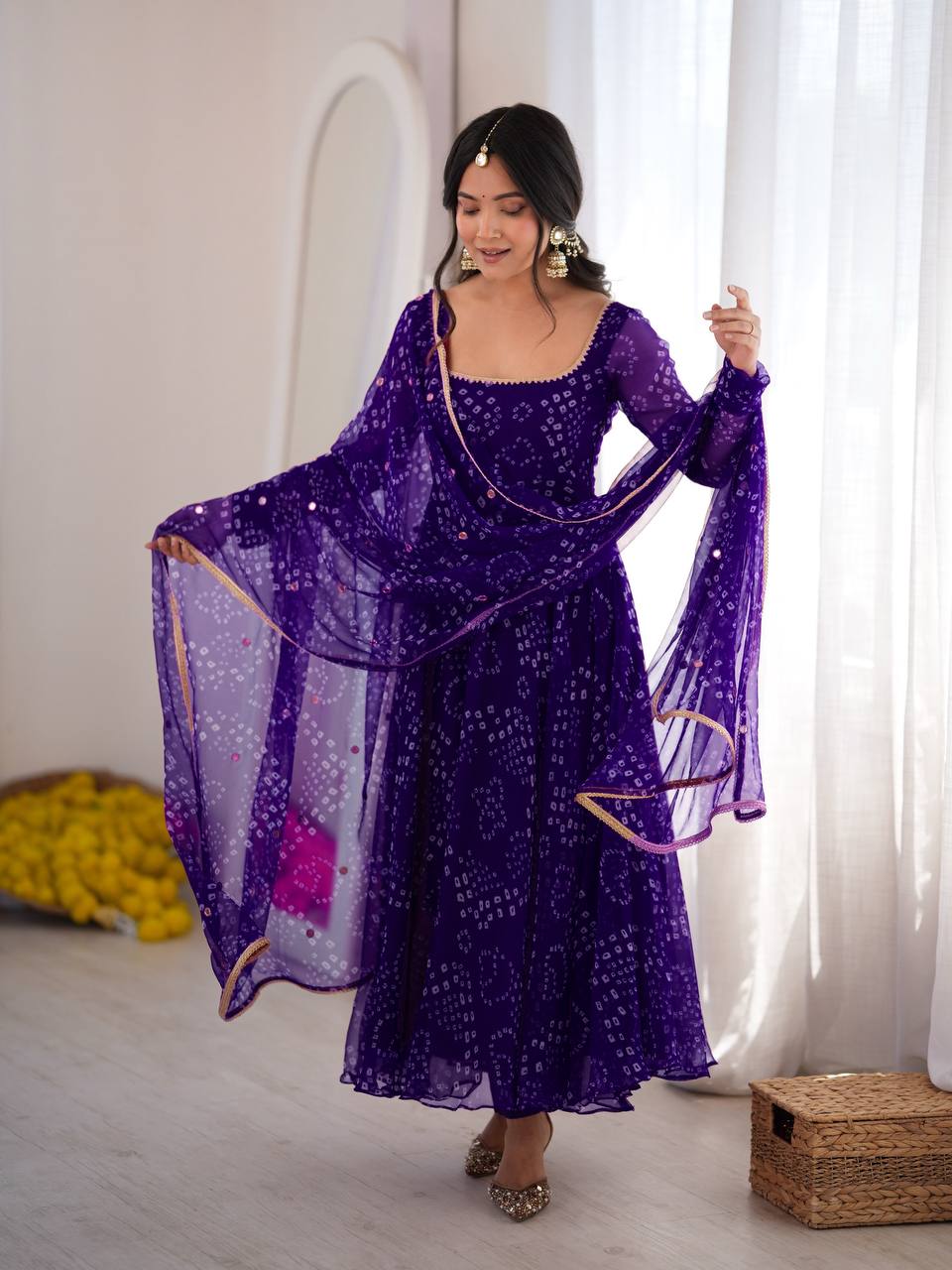 Purple Bandhani Print Anarkali Suit with Mirror Work Dupatta
