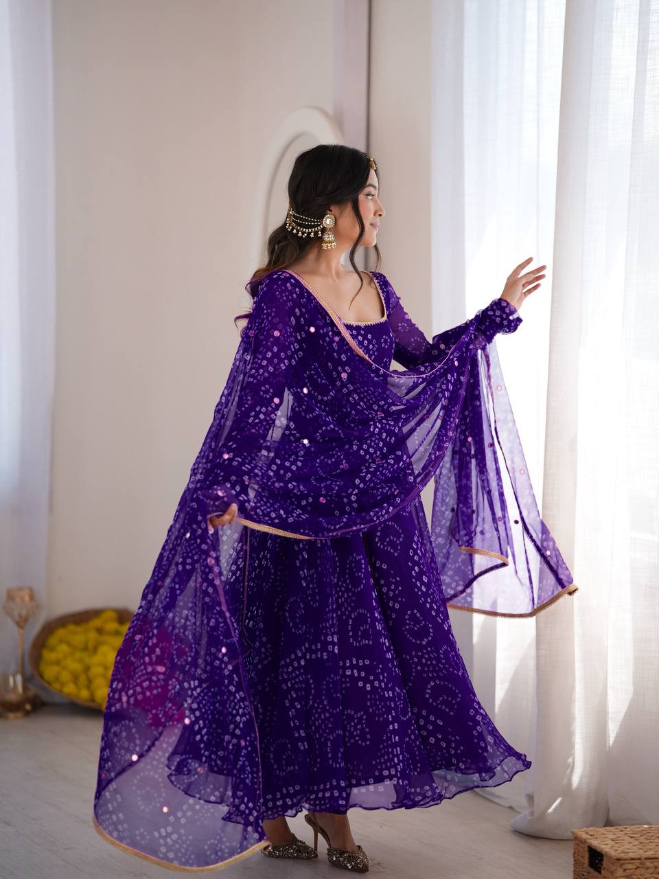 Purple Bandhani Anarkali - side view