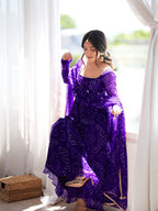 Purple Bandhani Anarkali - sitting pose