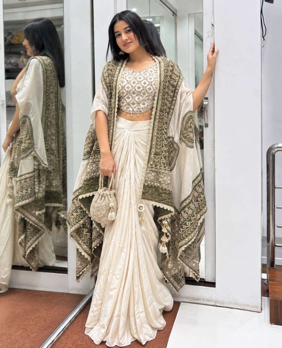 Off White Chinon Silk Mirror Work Dhoti Saree with Olive Bandhani Cape Dupatta