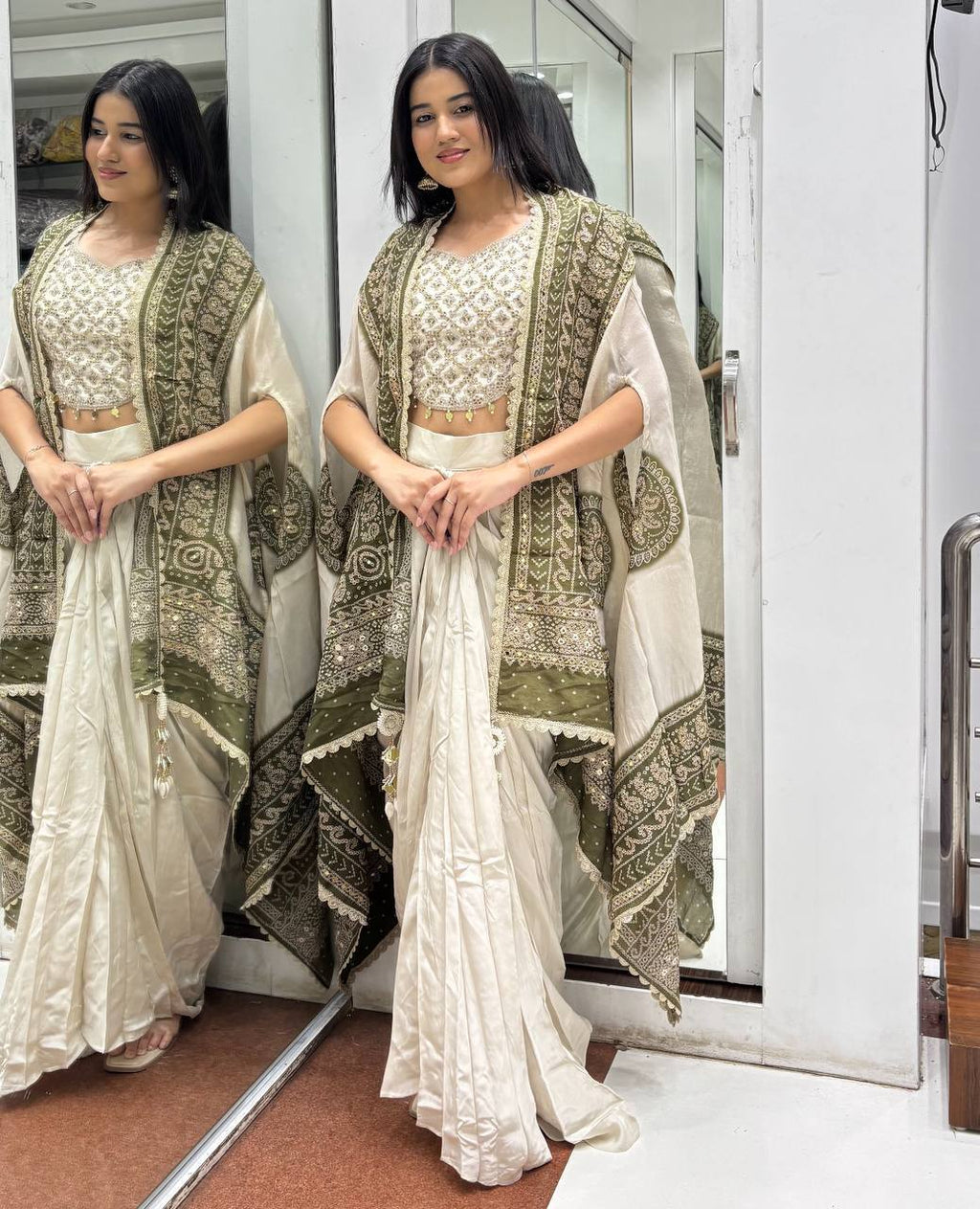 Off White Chinon Silk Mirror Work Dhoti Saree with Olive Bandhani Cape Dupatta