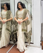 Off White Chinon Silk Mirror Work Dhoti Saree with Olive Bandhani Cape Dupatta
