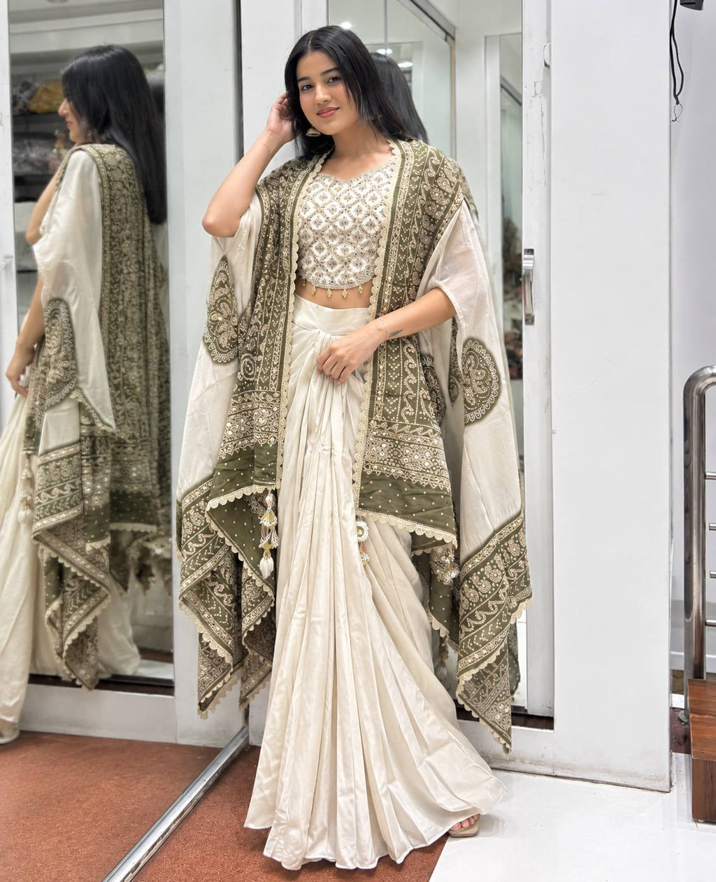 Off White Chinon Silk Mirror Work Dhoti Saree with Olive Bandhani Cape Dupatta
