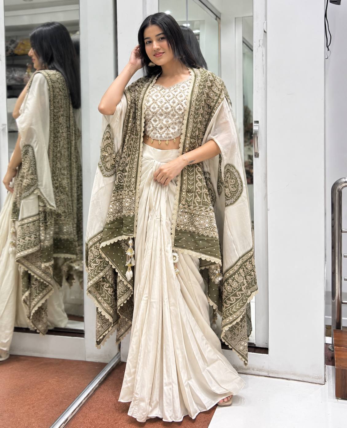 Off White Chinon Silk Mirror Work Dhoti Saree with Olive Bandhani Cape Dupatta