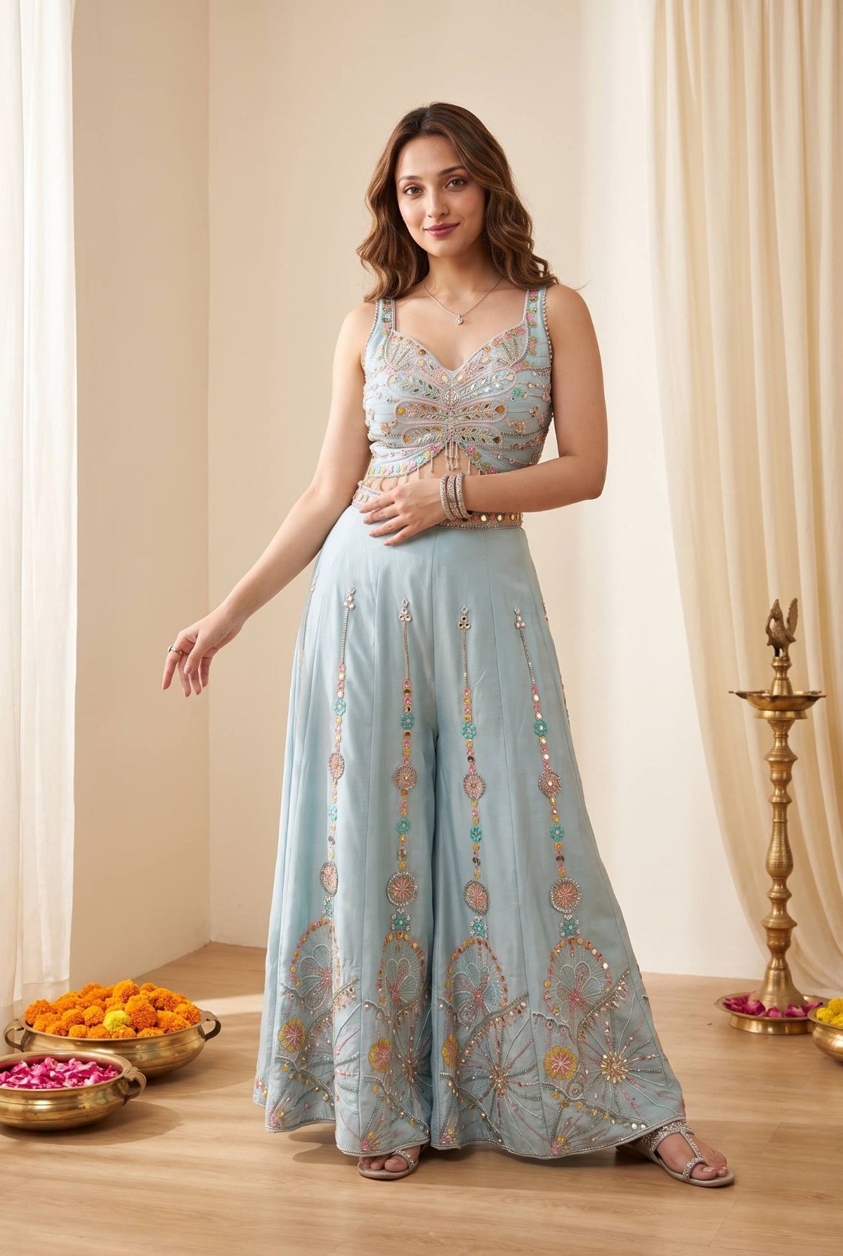 Sky Blue Rangoli Silk Embroidered Crop Top Palazzo Set with Dupatta