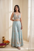 Sky Blue Rangoli Silk Embroidered Crop Top Palazzo Set with Dupatta