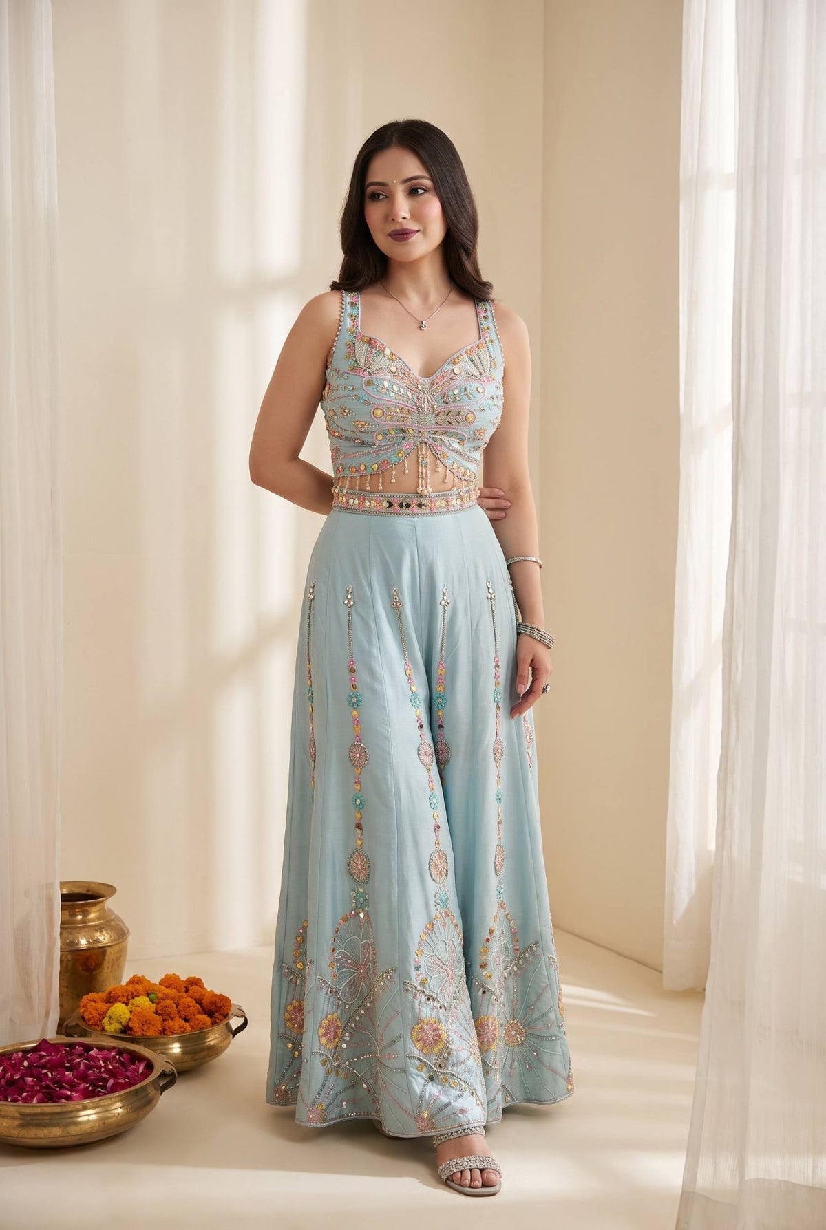 Sky Blue Rangoli Silk Embroidered Crop Top Palazzo Set with Dupatta