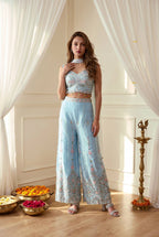 Sky Blue Rangoli Silk Embroidered Crop Top Palazzo Set with Dupatta