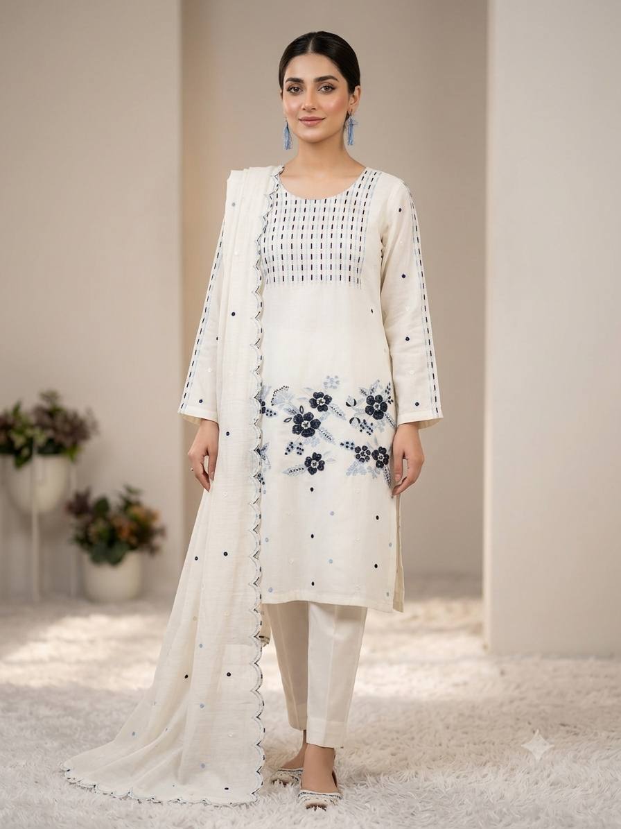 Off White Roman Silk Embroidered Straight Kurti Pant Set with Dupatta