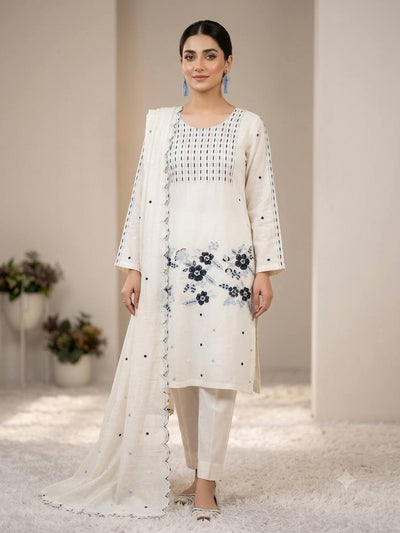 Off White Roman Silk Embroidered Straight Kurti Pant Set with Dupatta