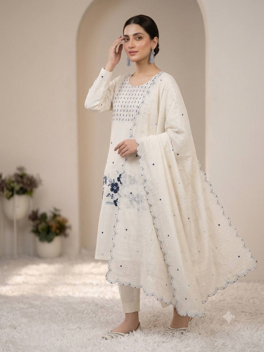 Off White Roman Silk Embroidered Straight Kurti Pant Set with Dupatta