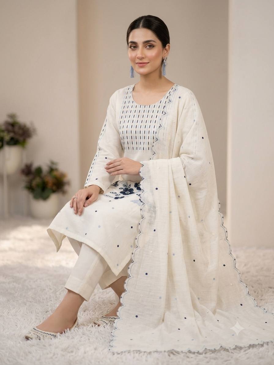 Off White Roman Silk Embroidered Straight Kurti Pant Set with Dupatta