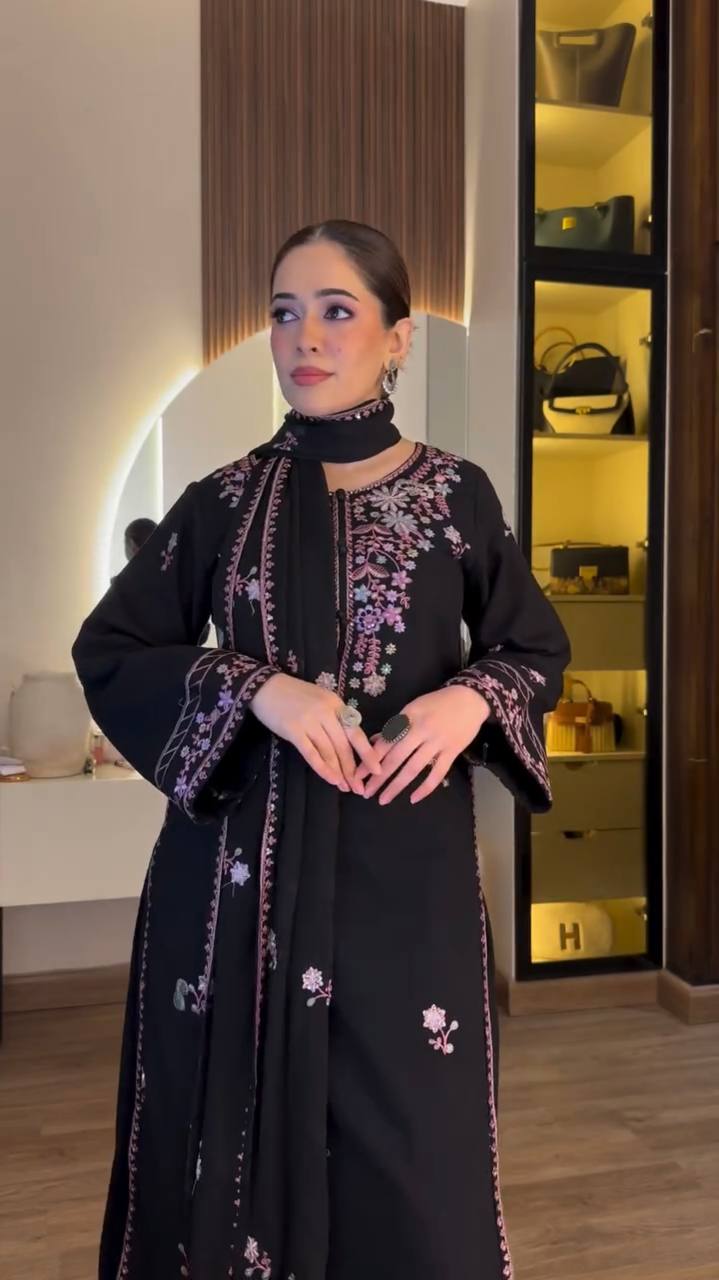 Black Rayon Satin Thread & Sequins Embroidered Salwar Kameez