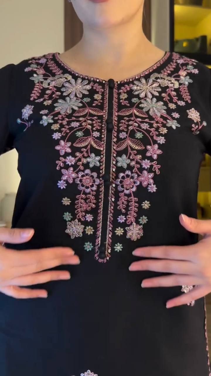 Black Salwar Kameez - neck embroidery with potli buttons