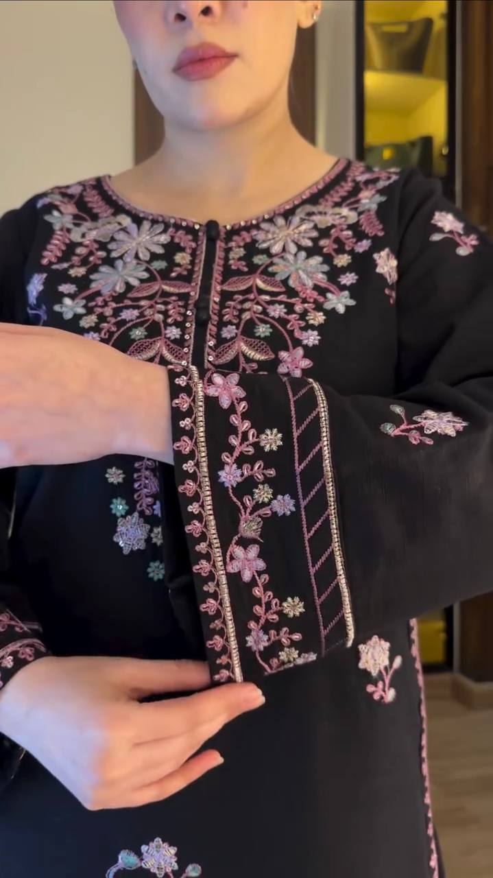 Black Salwar Kameez - sleeve embroidery close-up
