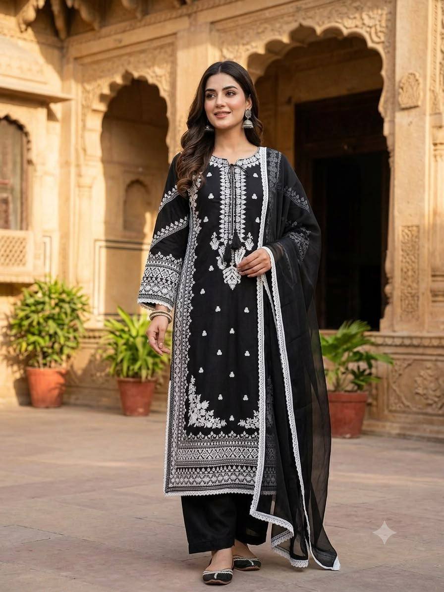 Black Rayon Satin Embroidered Salwar Kameez with Palazzo & Organza Dupatta