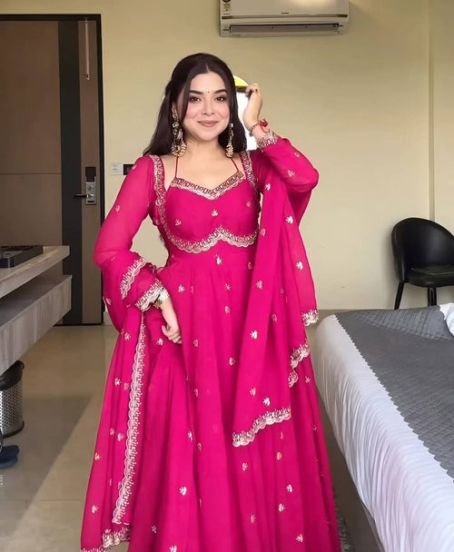 Rani Pink Faux Blooming Zari Sequins Anarkali Suit